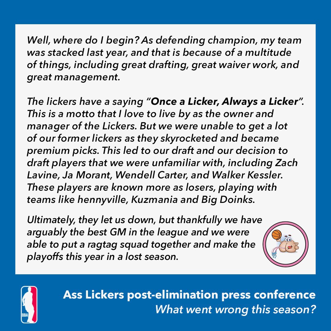 InsidetheBBA's tweet photo. The full transcript of the Ass Lickers post-season conference🎙️ https://t.co/MgG6bwXyXa