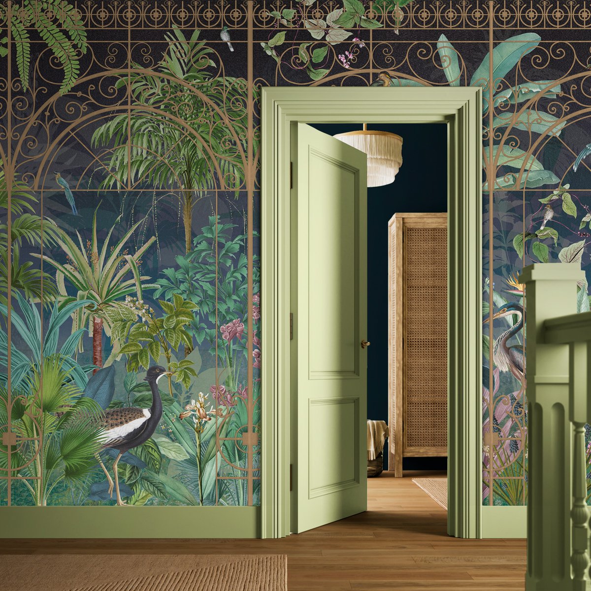 GrahamandBrown's tweet image. Enter Into The Glasshouse! 🐦‍⬛🌿

Our beloved Glasshouse wallpaper design has been reworked as a stunning bespoke mural. The Night colourway features a mysterious navy sky layered with curving gold architectural details, lush greenery and elegant birds.

#interiordesign