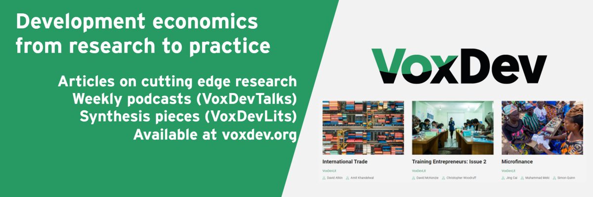 We now have 11 #VoxDevLits in our growing library:
💡 Summarise key policy takeaways from research
📕 Accessible to non-technical audiences
👩‍🏫 Written by a community of scholars
📅 Updated to evolve as new research is released

Read & download here: voxdev.org/voxdevlit