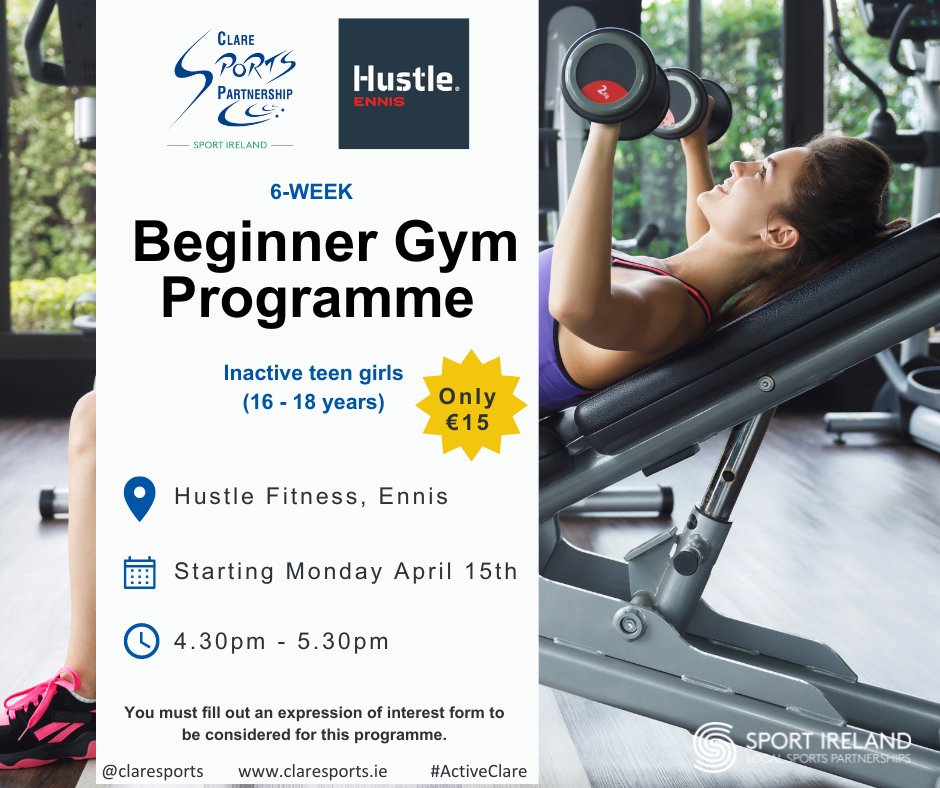 🔊 TEEN GIRLS PROGRAMME 🌟 We are partnering with Hustle Fitness in Ennis to deliver a teen girls beginner gym programme! 🤩 Learn lifting techniques and training methods in a supportive environment 🏋🏽‍♀️ Full programme details below 👇 claresports.ie/teen-girls-beg… #ActiveClare