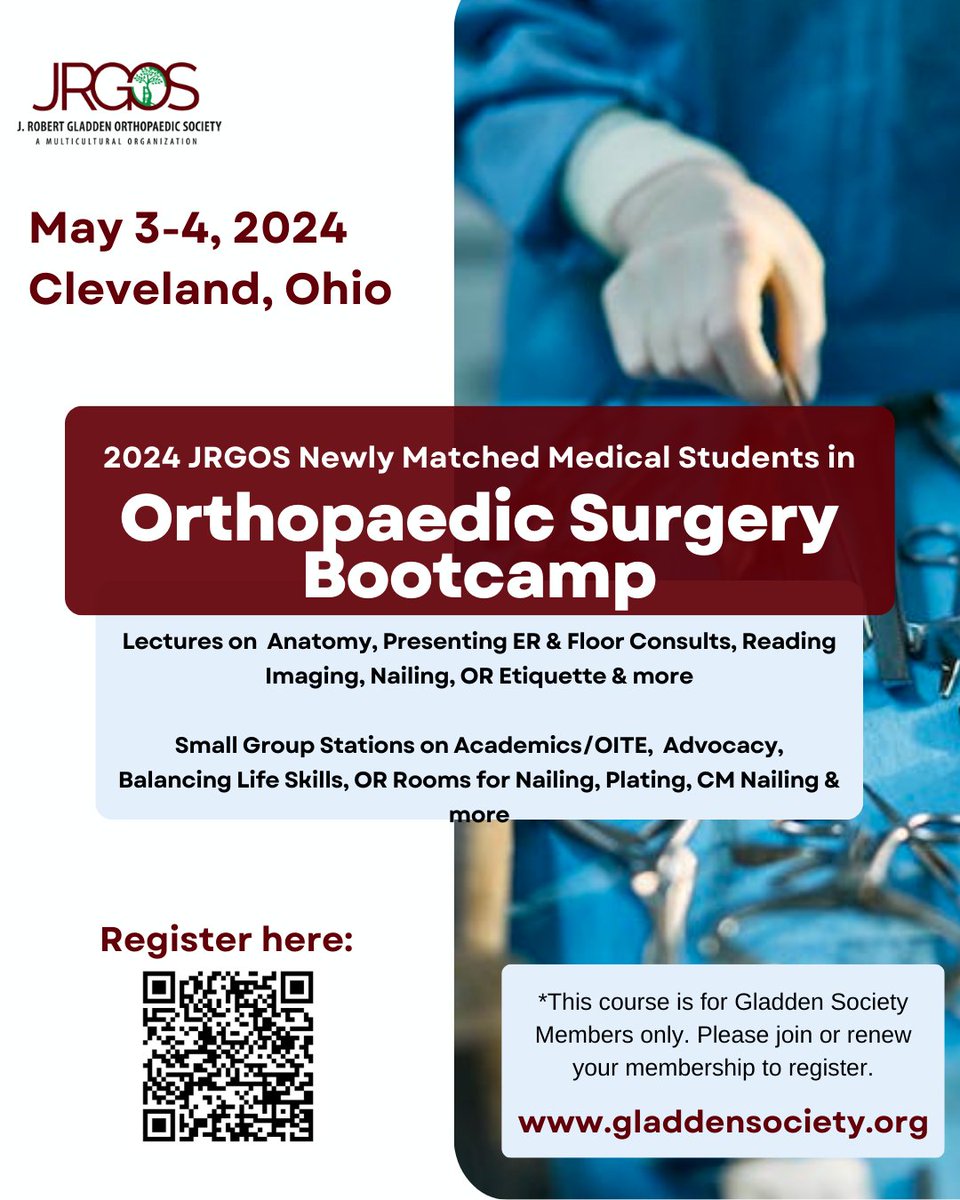 Congratulations Newly matched Medical Students! Join The Gladden Society and attend the 2024 Newly Matched Medical Students Orthopaedic Surgery Bootcamp! JRGOS Members attend at no charge (includes travel, hotel, etc. For members only. Register now!