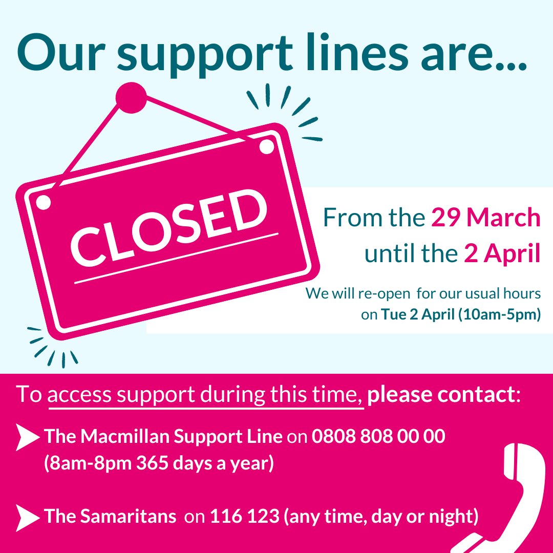 Ovacome support services will close at 5pm on Thursday 28 March and reopen at 10am on Tuesday 2 April. To access support: 👉The Macmillan Support Line is available on 0808 808 00 00, 8am-8pm 365 days a year 👉The Samaritans can be phoned any time, day or night, on 116 123