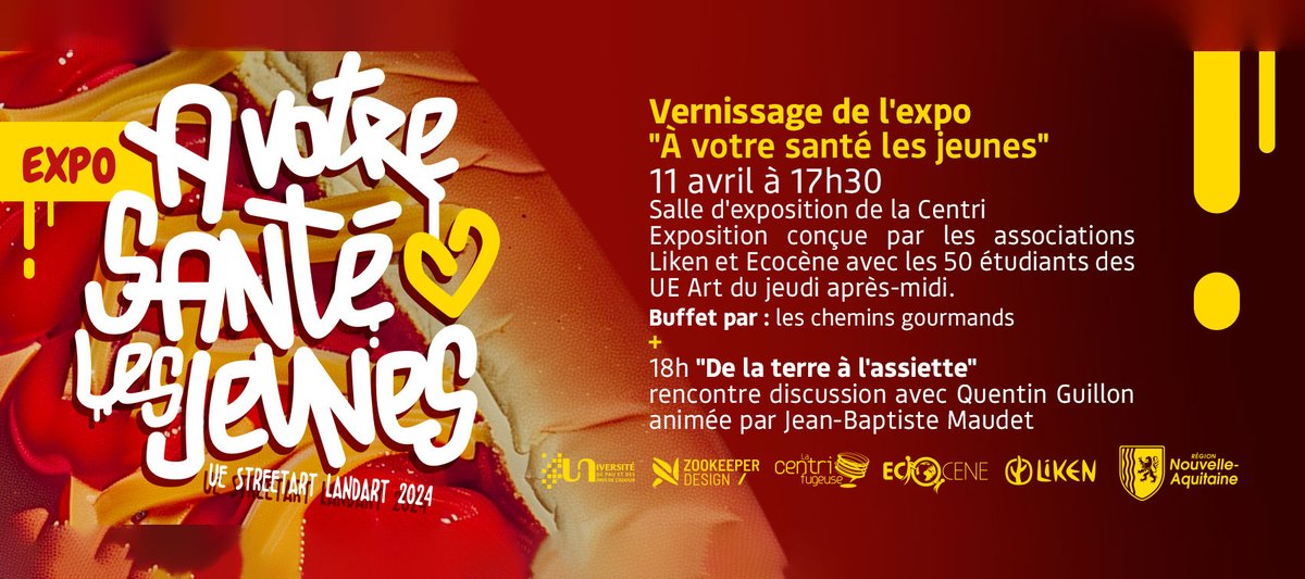 📅 jeudi 11 avril 2024, ne manquez pas le vernissage de l'exposition 'À votre santé les jeunes' conçue par les étudiants des UE Art et les associations Liken et @ecocenepau, suivi d'une rencontre-discussion avec le journaliste @QGGuillon. + d'infos : univ-pau.fr/fr/agenda/vern…