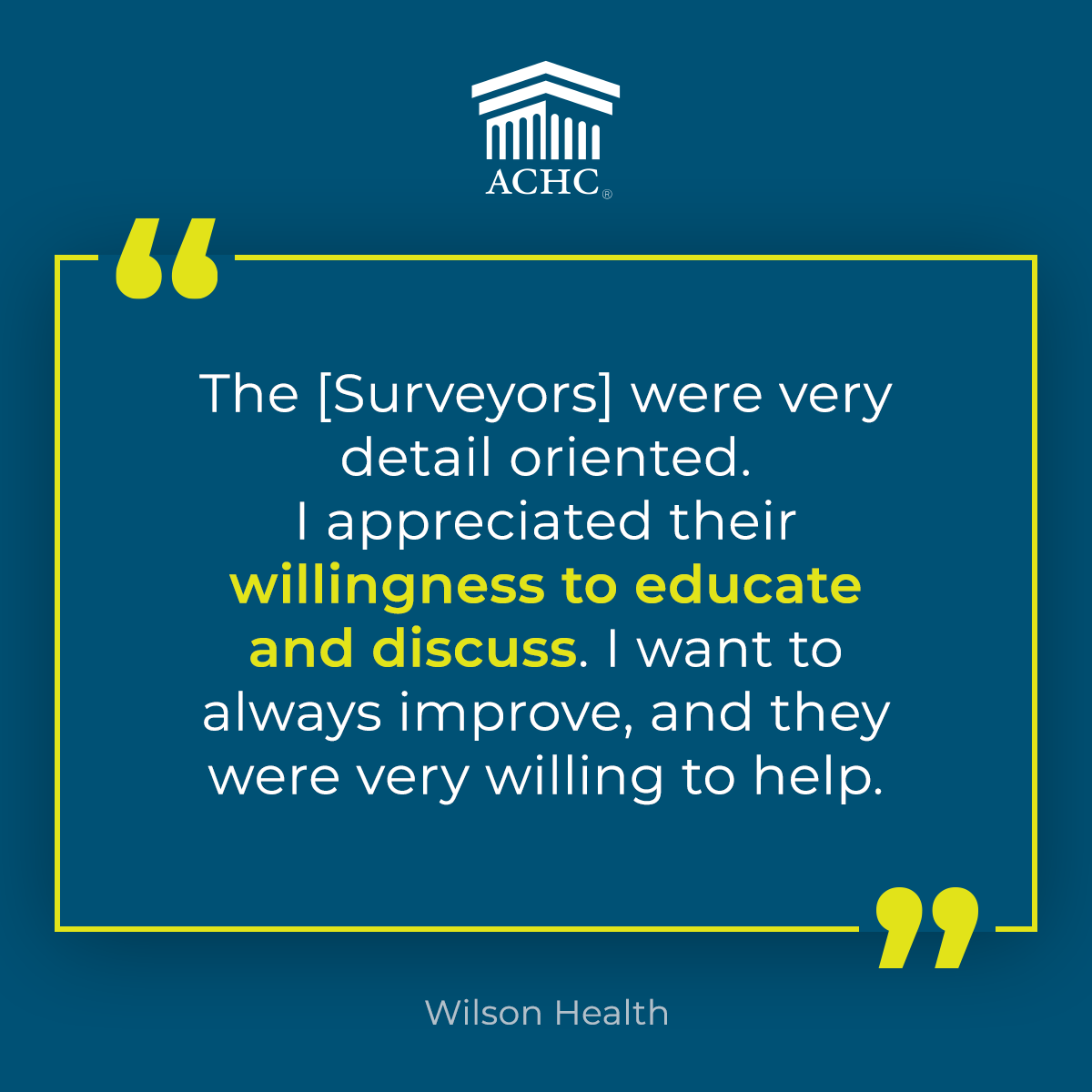 We are delighted to share this testimonial from Wilson Health. Customer insights drive our dedication to excellence. Thank you for choosing ACHC in your accreditation journey. Start your accreditation journey today achc.info/3TT2T7R  #clinicallaboratory #labaccreditation