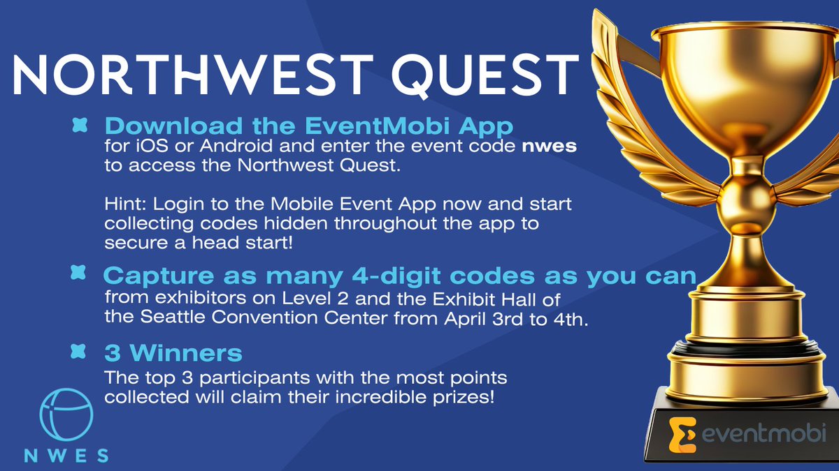 Dive into the Northwest Quest for your shot at winning one of 3 Planner Self-Care Packages valued at $100 - $250, sponsored by our Mobile Event App partner <a href="/EventMobi/">EventMobi</a>! Here’s how you can participate: Download the EventMobi App and enter the event code: nwes to access. #nwes2024