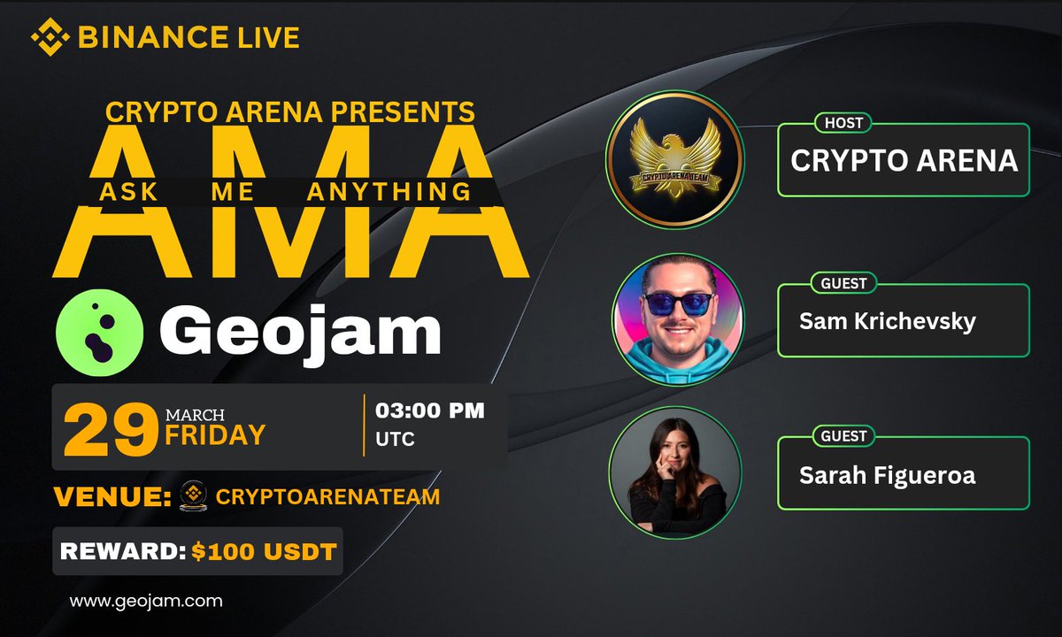 🎙️ Join us for the next #BinanceLive AMA with Geojam. 🕰️ 29th March at 03:00 PM UTC 🏆 Prize ~ $100 USDT 🏘 Set reminder: binance.com/en/live/video?… 1⃣ Follow @CryptoArena_Co & @geojamofficial 2⃣ Like & RT & 3⃣ Comment Maximum 3 questions.