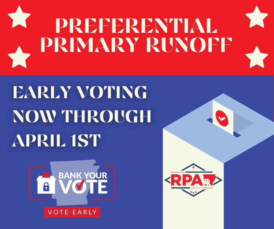 Early voting has started for the primary election runoffs. Go to voterview.ar-nova.org/VoterView to view voting locations and sample ballots. #arpx #argop