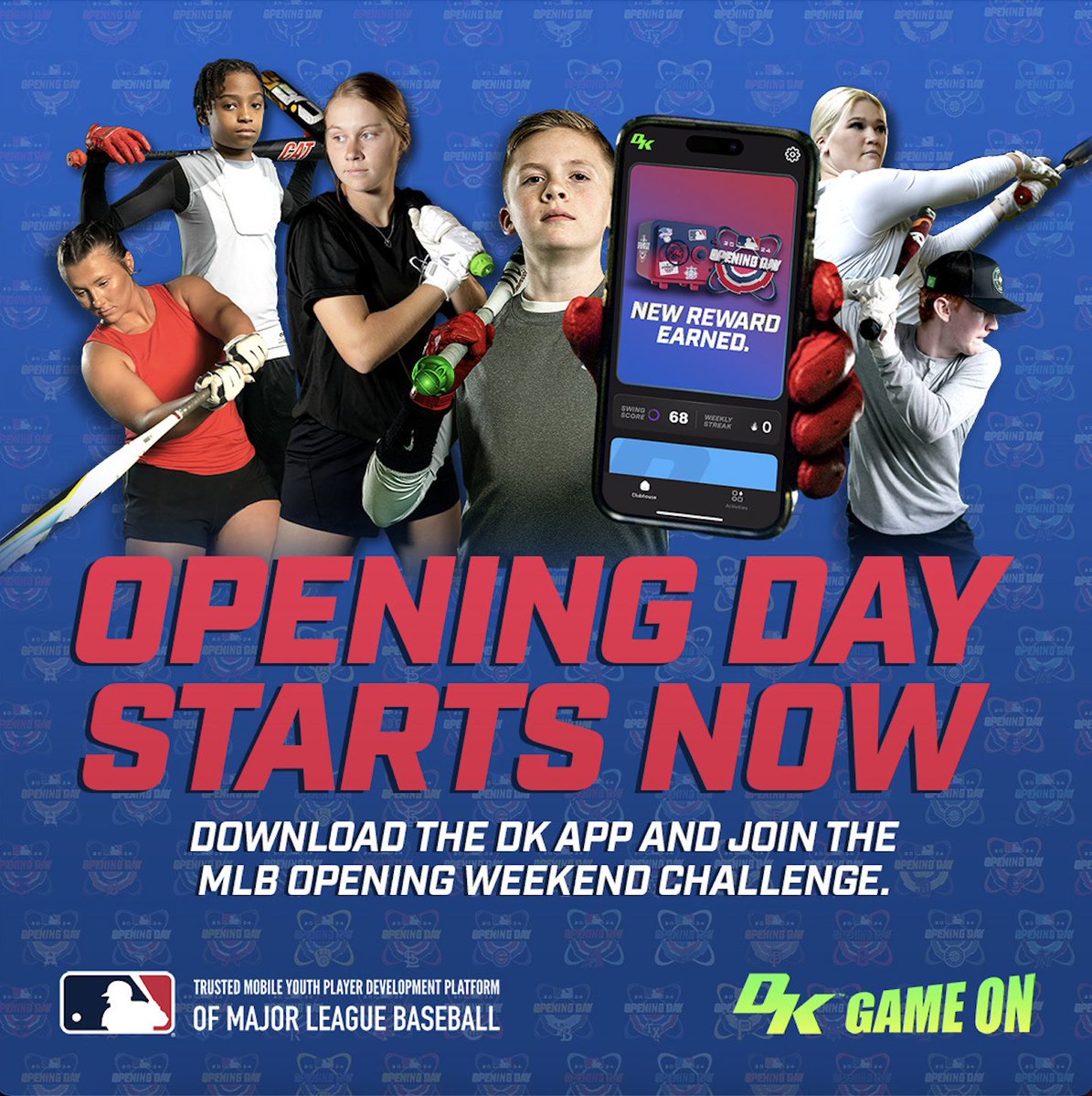 BASEBALL IS BACK! ⚾️ Celebrate Opening Day by playing the @MLB Opening Weekend Challenge in the DK App. Build up your swing count, climb the leaderboard and earn MLB-themed badges 🔥 No bat sensor is required! DK. GAME ON. DOWNLOAD AND PLAY: diamondkinetics.onelink.me/oijs/7h3gg7j1