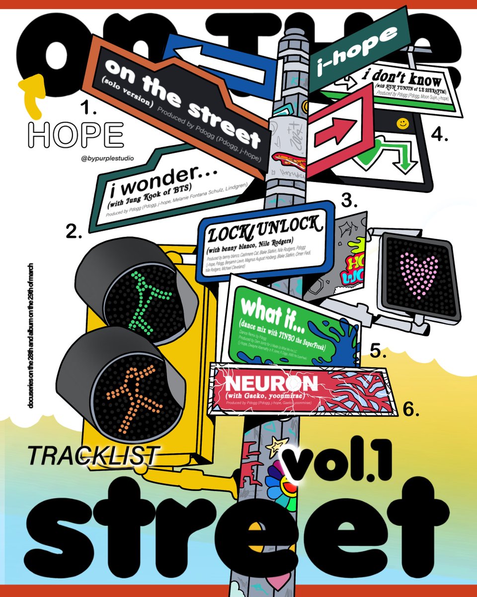 HOPE ON THE STREET VOL1 🚦Tracklist!! :D I took the “on the street” part very literally 🚧 It’s dday baby!!!!! Are we dancing on our seat, yes or yes??? #gvfxarmy_edit #hosekfanart #jhope