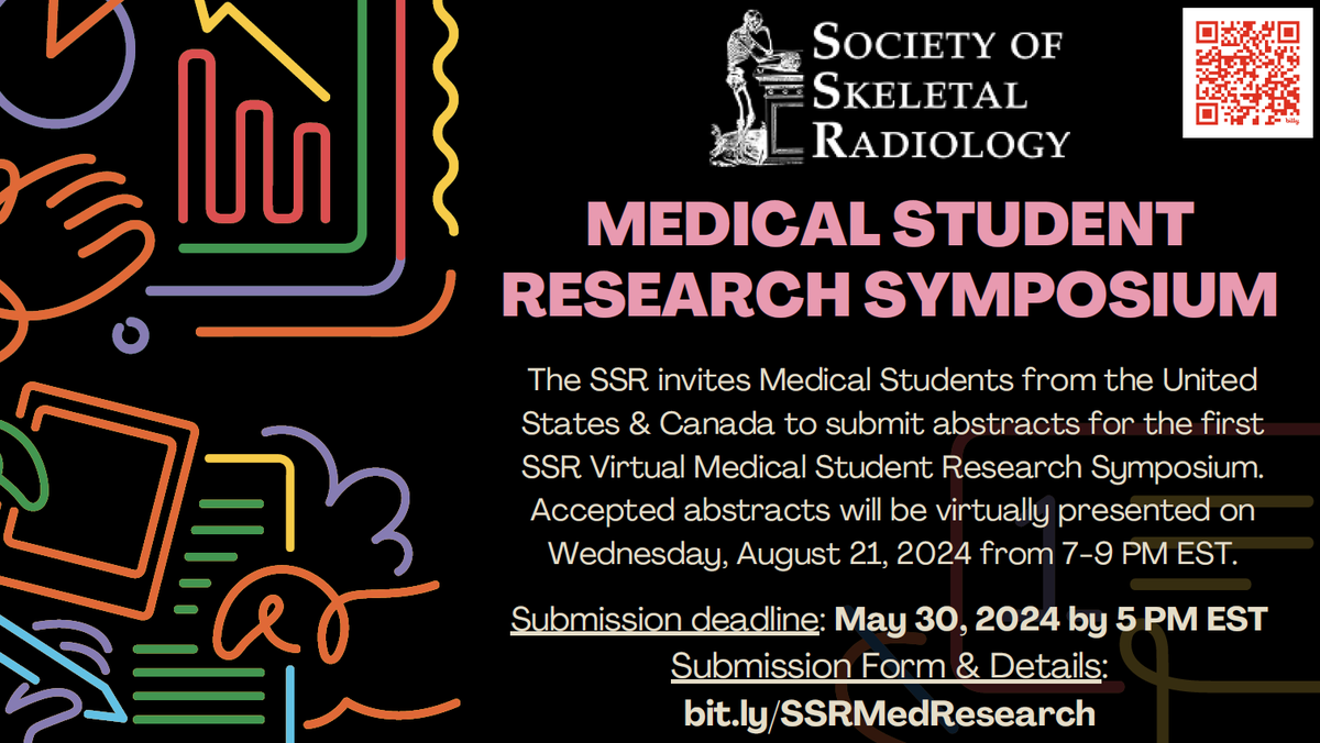 Attention medical students interested in radiology! The Strategic Advancement Committee of the SSR invites you to submit an abstract for the SSR Virtual Medical Student Research Symposium! To be presented live on 8/21 from 7 - 9 PM EST. Details at: bit.ly/SSRMedResearch