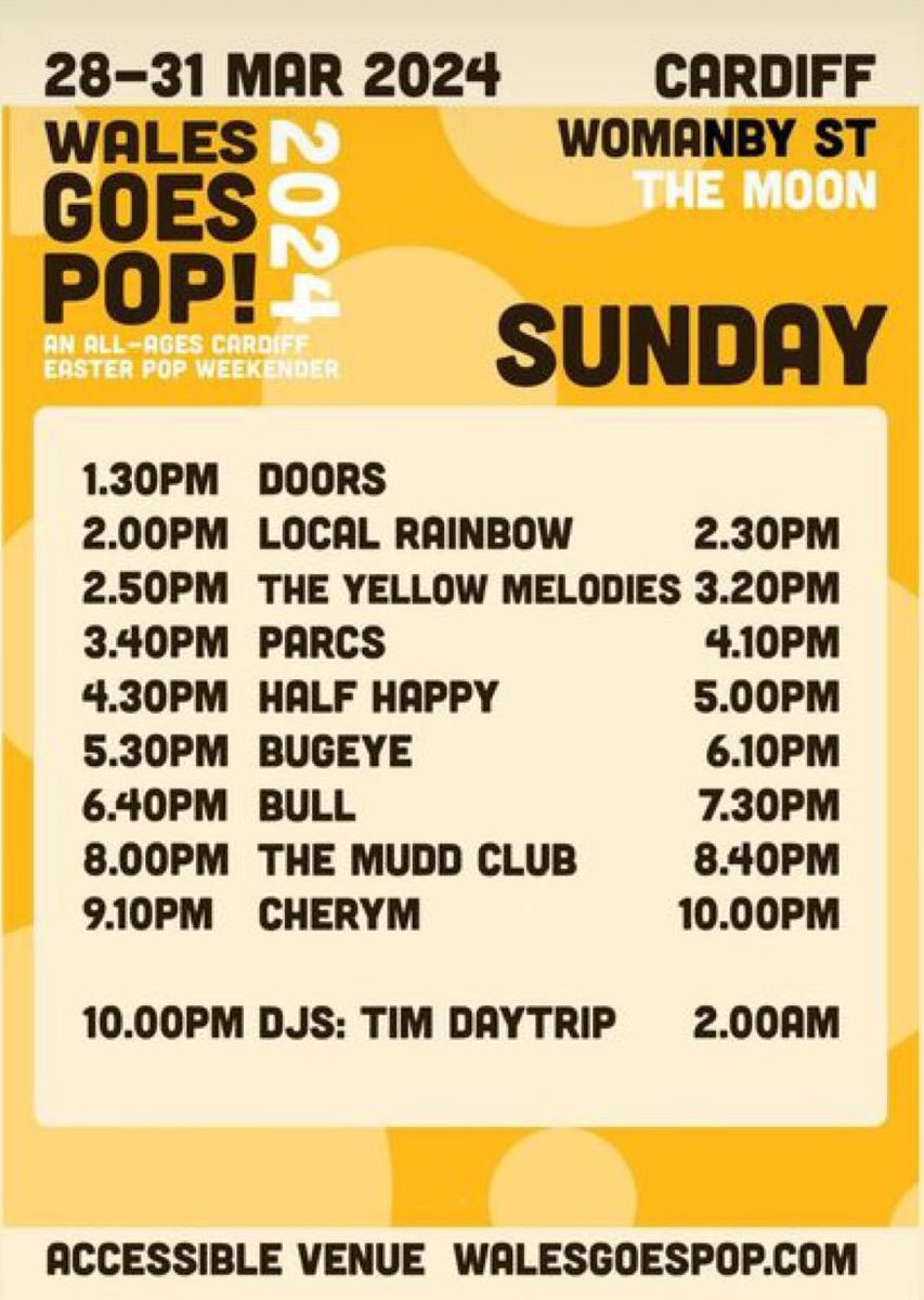 Only 5 tickets left for @WalesGoesPop - here’s the stage times for Sunday. On at 5.30pm bugs!!!!