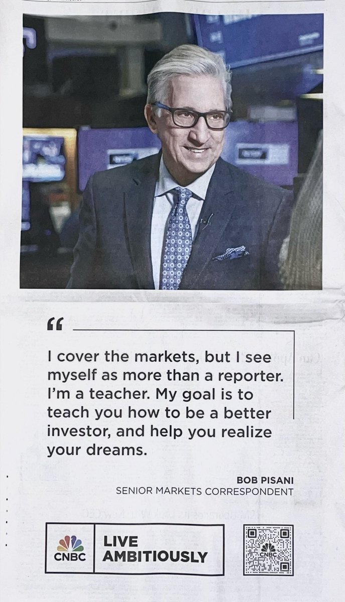 Very kind of ⁦@CNBC⁩ to put a full page ad in the ⁦@WSJ⁩ with me in it. 34 years at CNBC, and still counting. Thanks to the marketing team and everyone at CNBC!