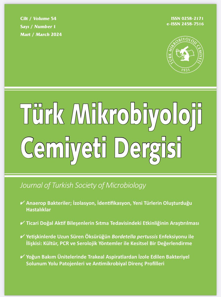 Sayın Üyelerimiz, Türk Mikrobiyoloji Cemiyeti Dergisi 2024 yılı C:54 S:1 (Mart) sayısı on-line olarak yayınlanmıştır. Tam metin dergiye tmc.dergisi.org adresinden ulaşabilirsiniz. Türk Mikrobiyoloji Cemiyeti Dergisi Yayın Kurulu