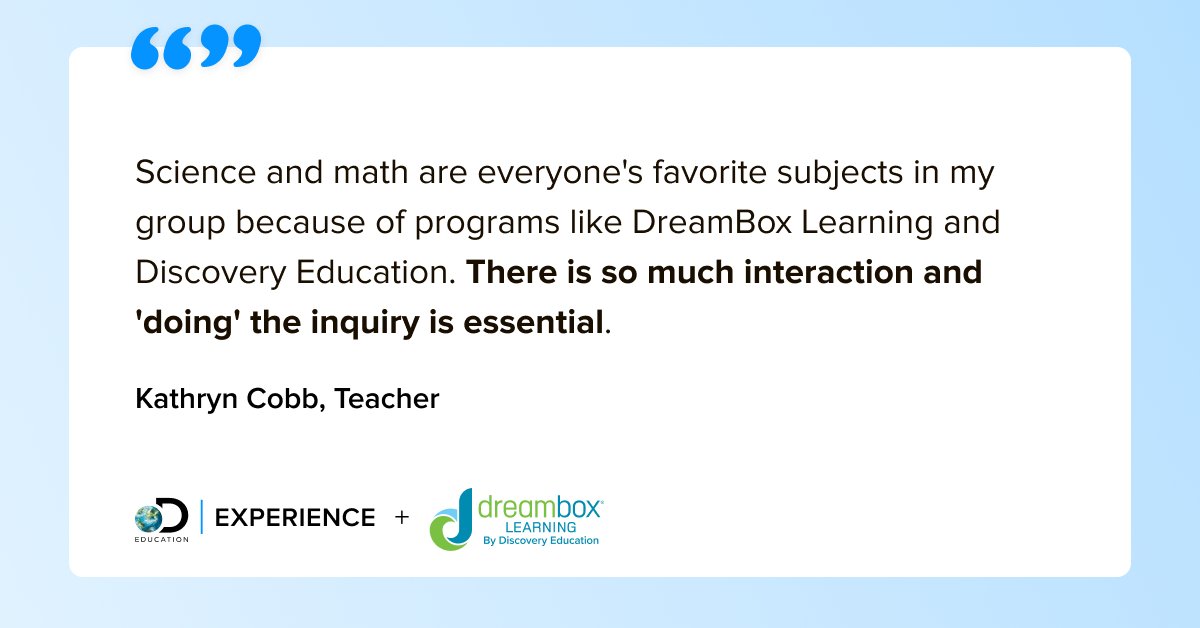 Who knew math and science could be so fun?!

 ✋ Hi, that would be us! 

And with DreamBox Math and Reading now joining Discovery Education, we're more excited now than ever to keep working toward that goal every day 📚  Learn more – discoveryeducation.com/info/ignite-ah…