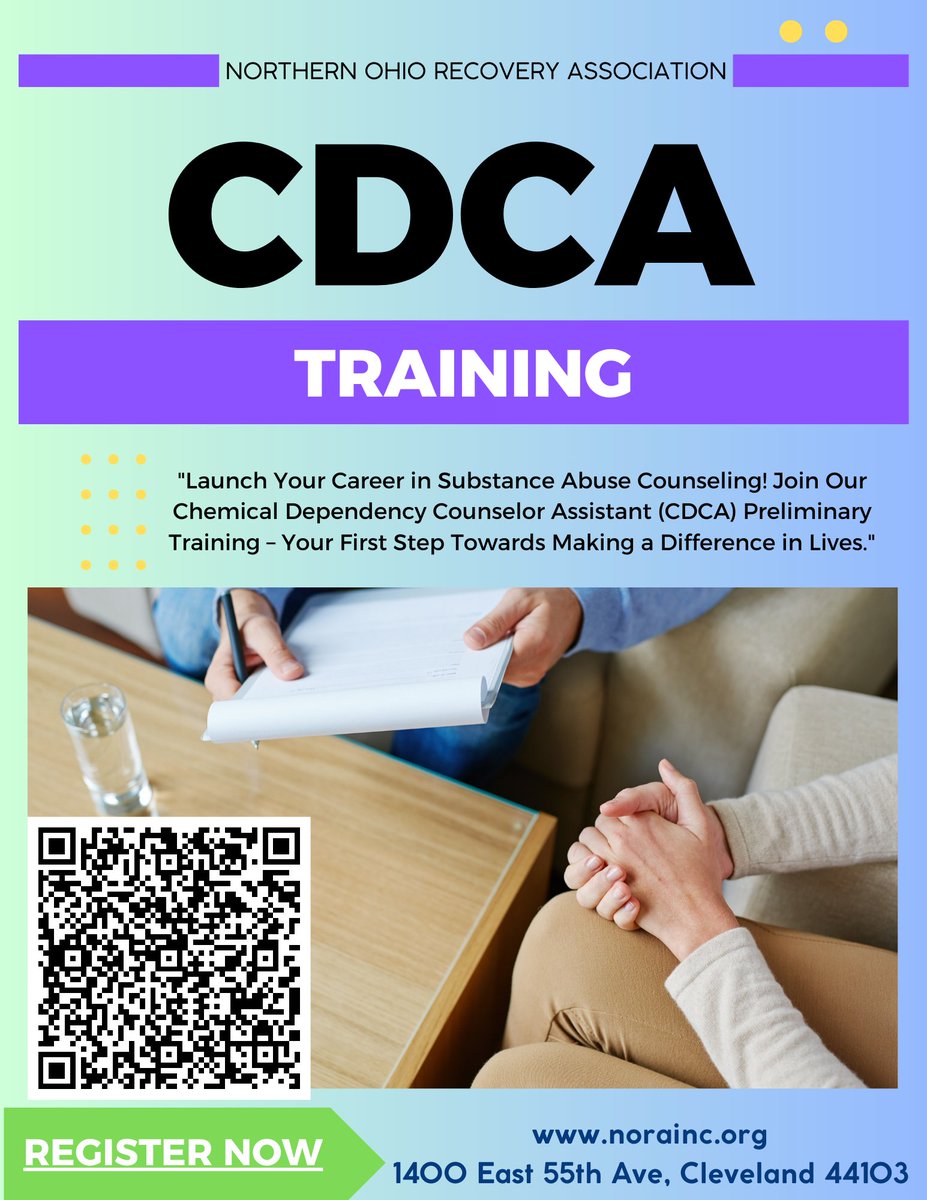 Join us for the CDCA Preliminary Training happening from April 22-26 at the Northern Ohio Recovery Association!
🔍 What: CDCA Preliminary Training
🗓️ When: April 22-26
📍 Where: Northern Ohio Recovery Association
📚 Kickstart your journey in Chemical Dependency Counseling! 💼