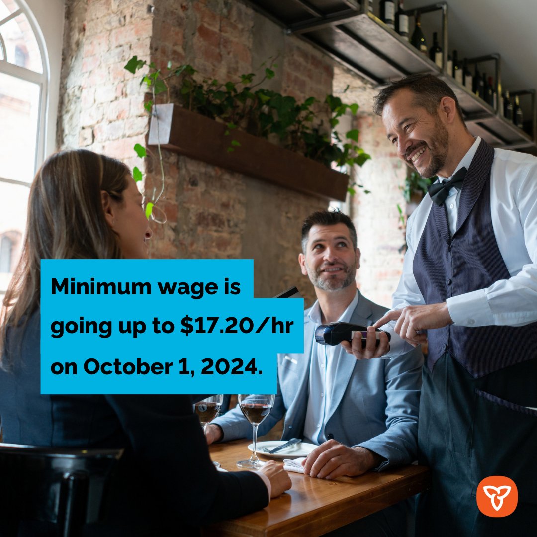 📢Starting October 1, 2024, the @Ongov is increasing minimum wage to $17.20/hour. This 3.9% annualized wage increase is based on the Ontario Consumer Price Index (CPI) Learn more: news.ontario.ca/en/release/100…