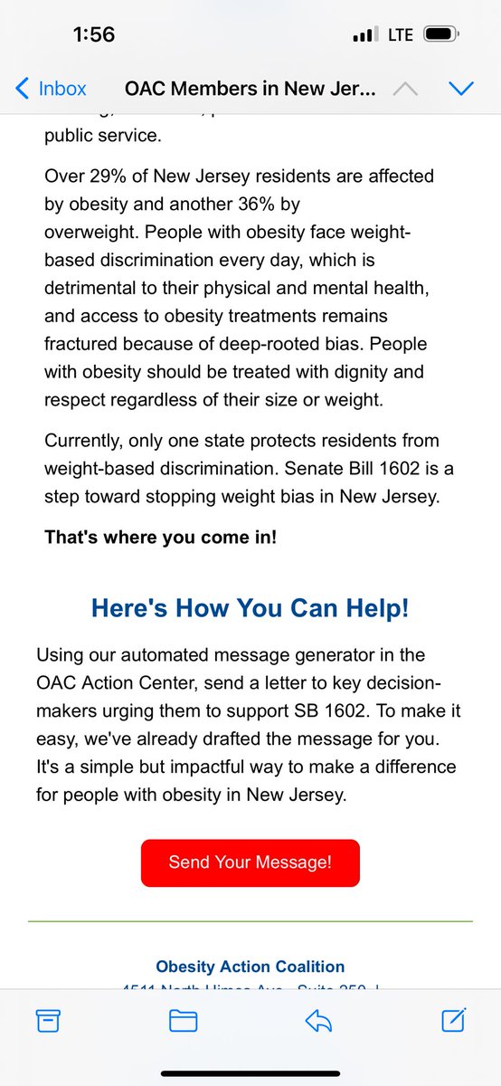 I need all my New Jersey friends to email your Assemblyman and senator to support this legislation. Senate Bill 1602 @ObesityAction