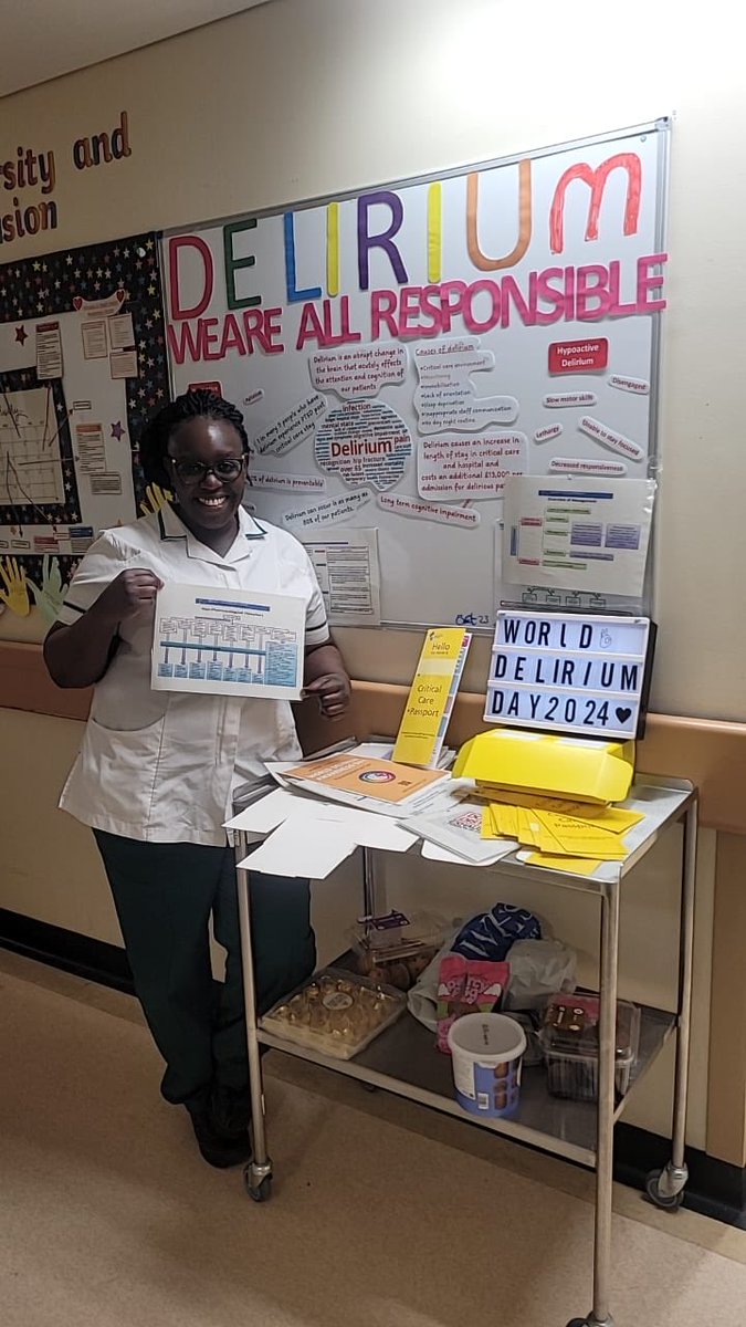 Marianna our amazing OT celebrating world delirium awareness day 2 weeks ago by roaming around the unit to help educate the full MDT on our new delirium policy and prevention strategies. Everyone can help prevent delirium #WDAW2024 @QualityNCA @NCAlliance_NHS #delirium