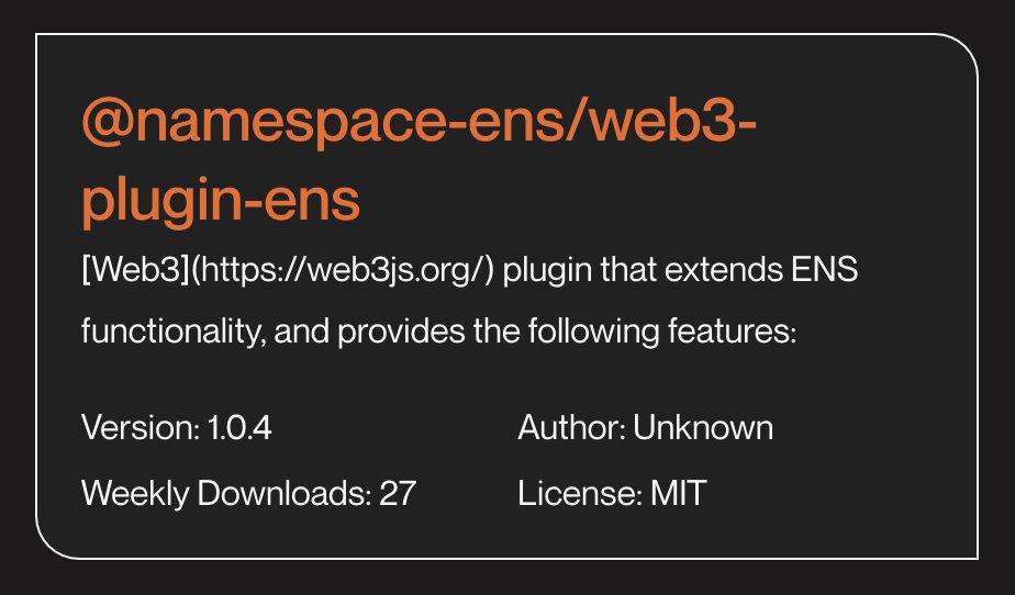 The @ensdomains plugin we built is now officially added to the @web3_js website. Yay 🤩 Devs using Web3js can now easily implement: 1) ENS domain registration 2) text record management & 3) address and name resolution through this plugin 🪄✨ See more: web3js.org/plugins