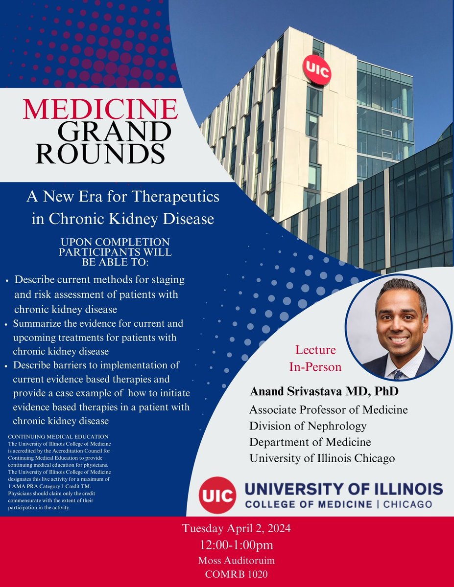 Please join the Department of Medicine Grand Rounds on Tuesday April 2, 2024, at the Moss Auditorium COMRB 1020. This will be an in-person lecture.