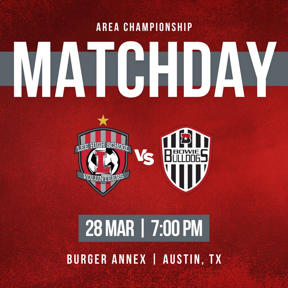 LEE Vols Soccer (@leevolssoccer) on Twitter photo AREA CHAMPIONSHIP #MATCHDAY
We'll see you tonight in Austin for our 2nd round matchup against the Bowie Bulldogs 👏 #GoVols #RefuseToLose #SecondSeason #TXHSSOC
📅 Thursday, March 28th
🕖 7 PM
🆚 <a href="/BowieBoysSoccer/">BowieBoysSoccer</a>
🏟️ Burger Annex AREA CHAMPIONSHIP #MATCHDAY
We'll see you tonight in Austin for our 2nd round matchup against the Bowie Bulldogs 👏 #GoVols #RefuseToLose #SecondSeason #TXHSSOC
📅 Thursday, March 28th
🕖 7 PM
🆚 <a href="/BowieBoysSoccer/">BowieBoysSoccer</a>
🏟️ Burger Annex