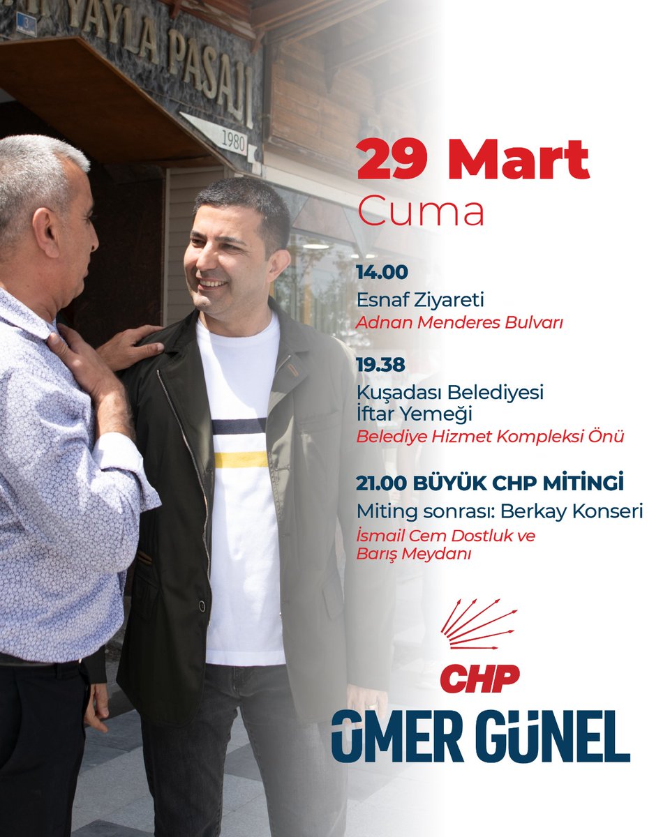 Belediye Başkan Adayımız Ömer Günel 'in 29 Mart Cuma programında tüm hemşerilerimizin katılımları bizlere güç verecektir. #İşimizGücümüzKuşadası #ÇalışkanBaşkanımızTekrarAdayımız @omergunel