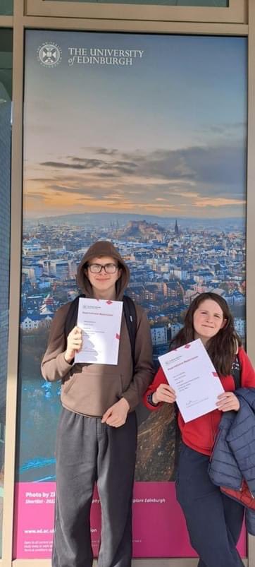 Congratulations to S2 pupils Daniel & Euan for participation in the Edinburgh Universities Mathematics Masterclasses - designed to stretch & inspire keen & talented pupils from all over Scotland, allowing them to broaden their mathematical knowledge & develop a sense of enjoyment