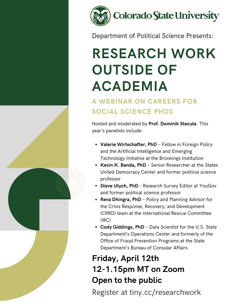 📢Really excited to be hosting another webinar on careers outside academia👇 📅Friday, April 12th at Noon MT on Zoom 👥Open to the public 🗣️With the great @vwirtschafter @KevinKBanda @drsteveu @Reva__D and Cody Giddings Register here: zoom.us/webinar/regist… Please share!