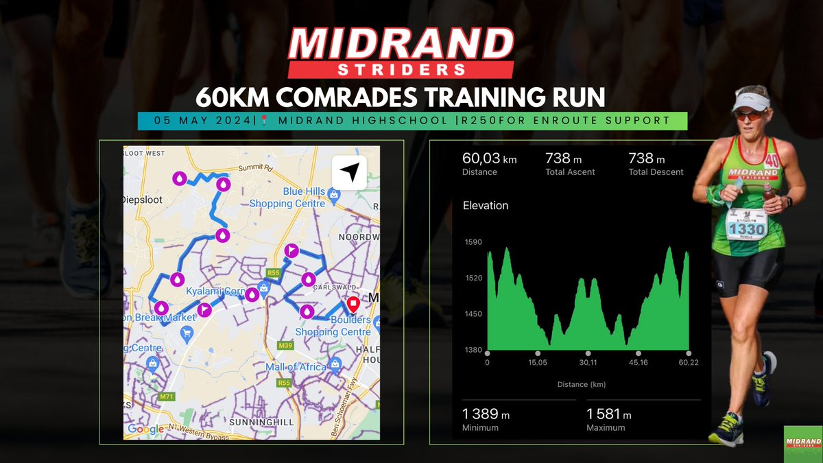 Midrand Striders 60km Comrades Marathon Training Run 🏃‍♂️🏃‍♀️🏅 Purchase your tickets today: quicket.co.za/events/255667-… Striders 60km Comrades Marathon Training Run 🏃‍♂️🏃‍♀️🏅 Purchase your tickets today: quicket.co.za/events/255667-…