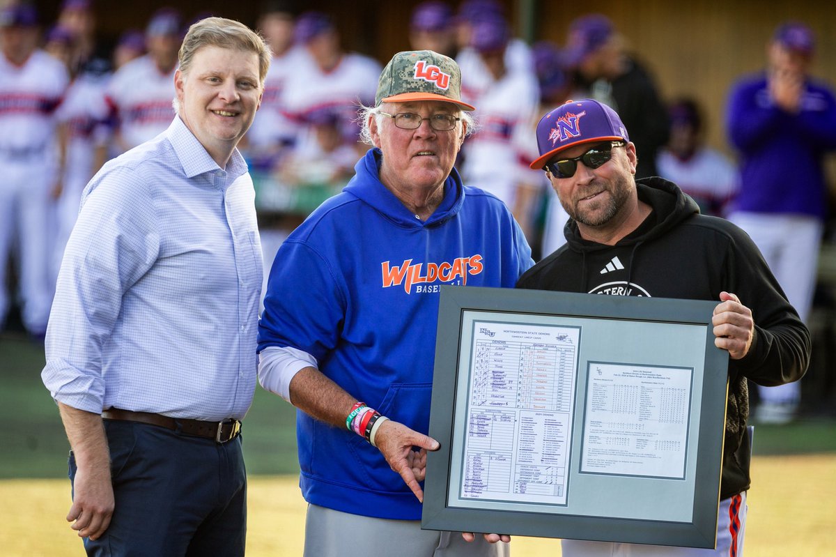 Celebrated a special moment with a special guy this week! ✨ NSU AD Kevin Bostian & LC head coach Mike Byrnes presented Coach Bert with the lineup card from his first win as NSU Baseball head coach. Thank you for everything you do for our program and our community, Coach! 🤘