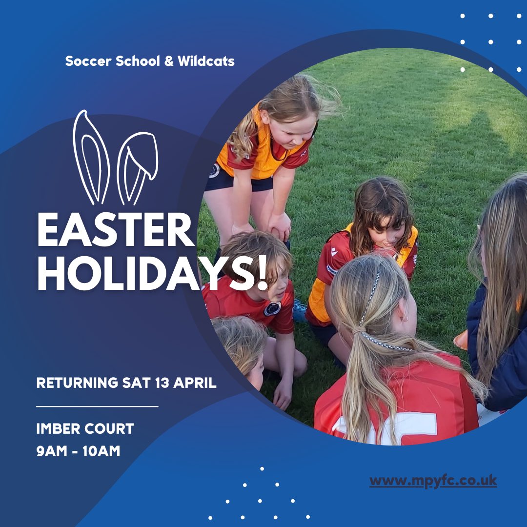 🔹MPYFC Soccer School & Wildcats🔹 __ Here’s your friendly reminder that due to the Easter break, there will be no Soccer School or Wildcats sessions for the next two weeks! __ Sessions resume as normal on Saturday 13 April⏰ __ Happy Easter holiday💙