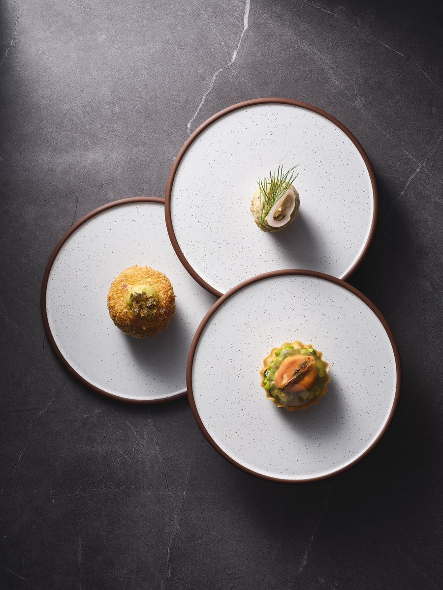 Lir snacks #2 ☘️ ~ Coley scotch quails eggs Coley, quails egg, gherkin ketchup + crispy capers ~ Mussel tartlet feuille de brick pastry, mussel jelly and parsley + mussel emulsion ~ Smoked Mackerel ‘Profiterole’ mackerel pâté, gruyère cheese + gougère choux pastry