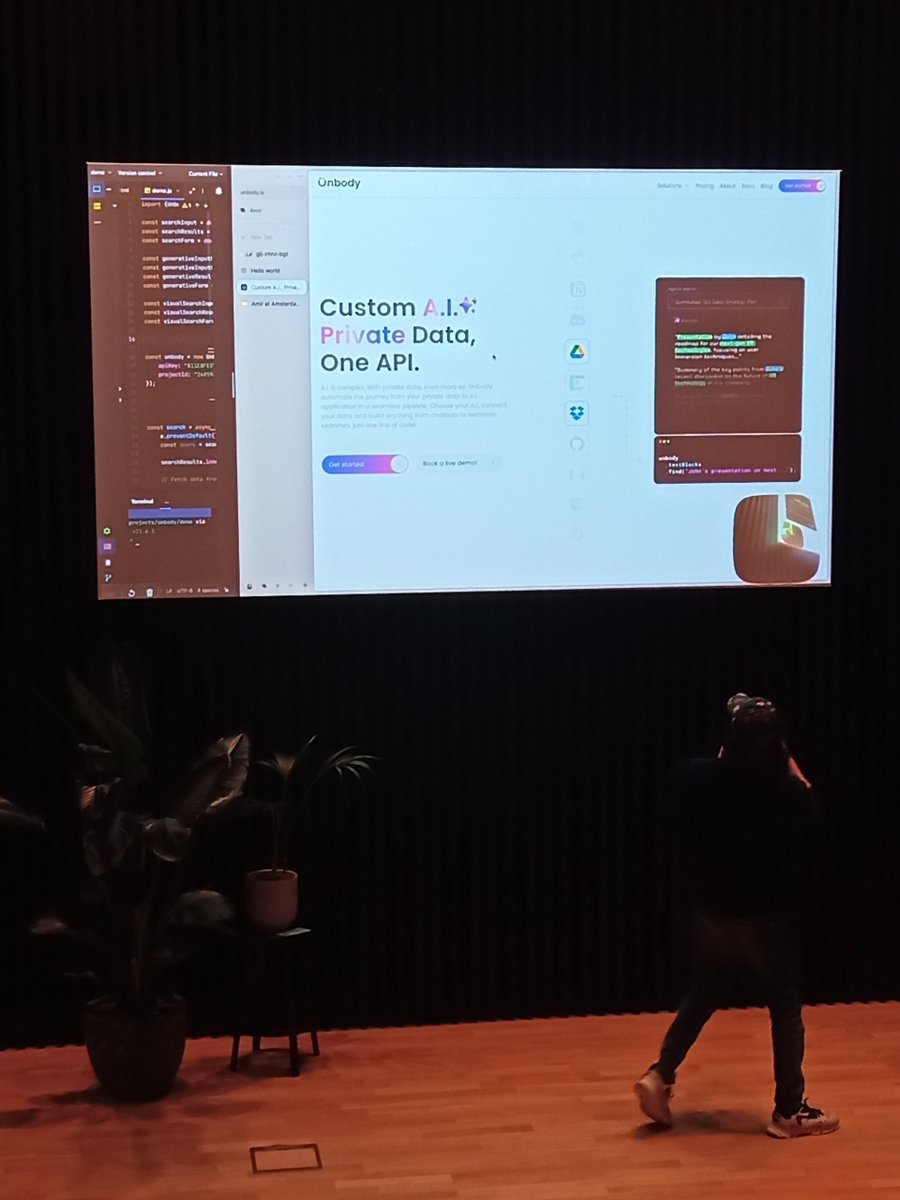 modernist's tweet image. At the #amsterdamjs meet up, discovering how to use AI on your own private data with a single line of code thanks to @unbody_io very promising!