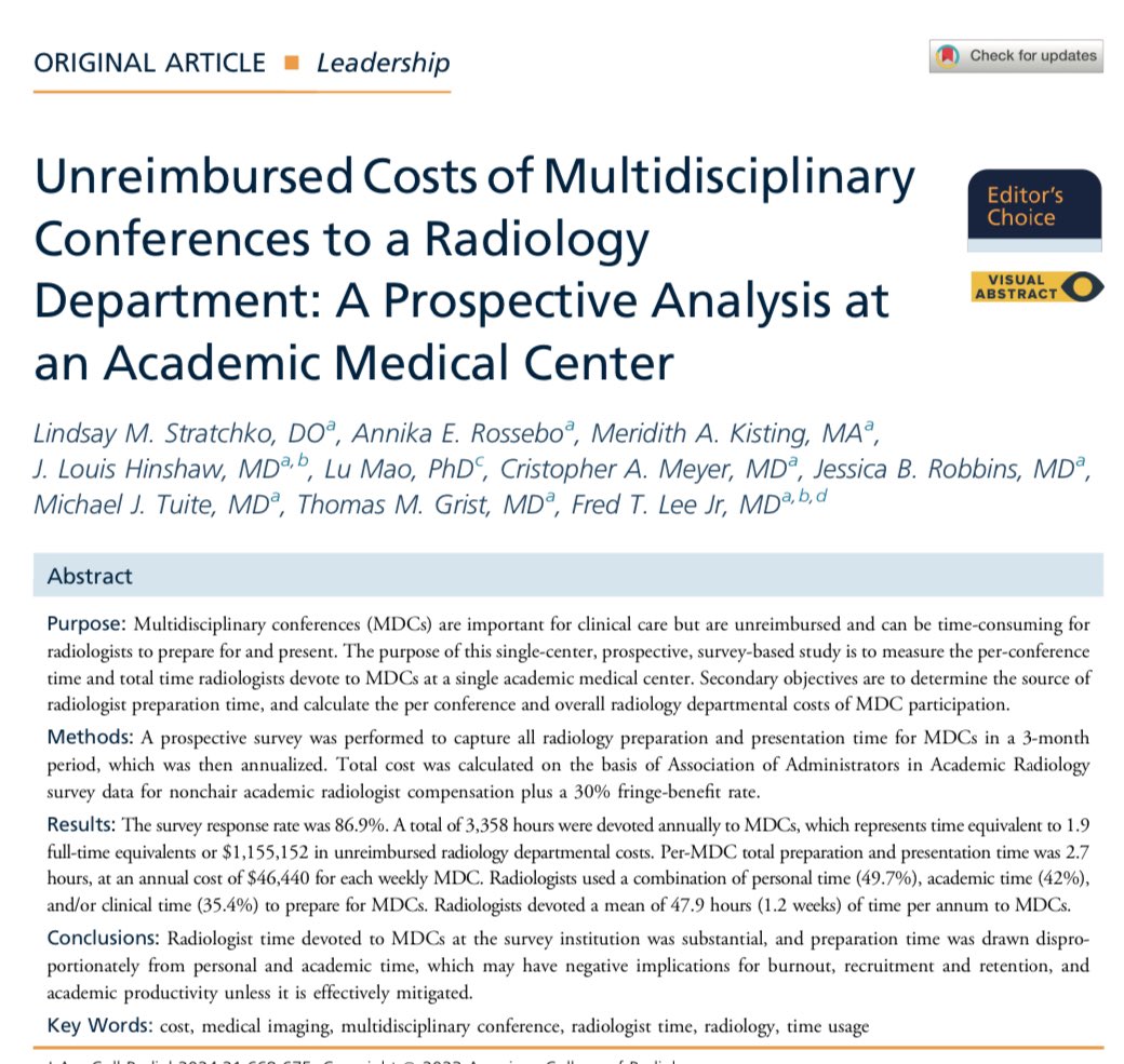 📰 April 2024 @JACRJournal How can preparation time for multidisciplinary conferences affect radiologists? With downstream effects on.. ✅ Clinical & academic productivity ✅ Professional satisfaction ✅ Burnout ✅ Recruitment & retention jacr.org/article/S1546-…