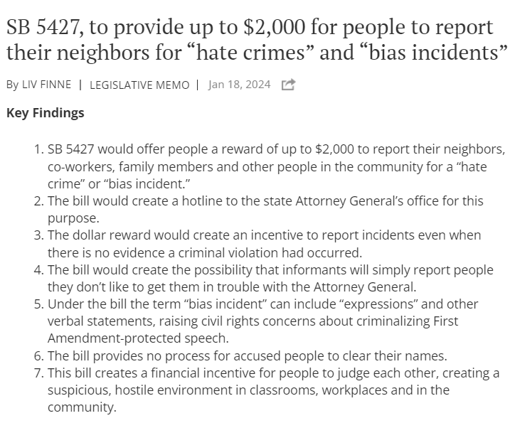 SethDillon's tweet photo. Not satire: Washington state has passed a law offering cash as an incentive to report hate speech and bias via a 24/7 hotline.
https://t.co/tTVnKzAGyB