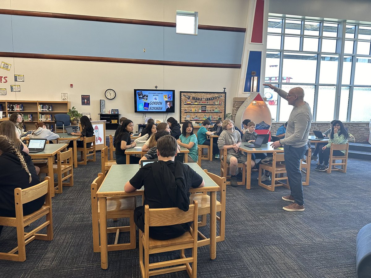 Today has been so much fun! Our 3rd-6th grade @JresRockets had the fabulous opportunity to meet @gordonkorman Mr. Korman conducted two great writing workshops and gave a great talk about his books and the power of writing. It was an honor to host him today! 🚀