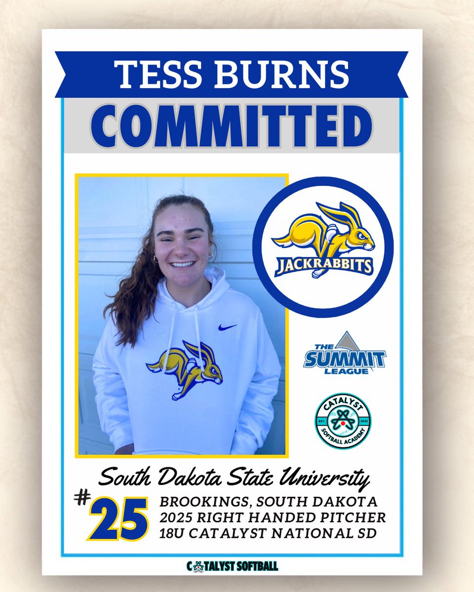 This is Tess’ first year with our Catalyst program &amp; she is a 2025 power pitcher that can bring the 🔥 and spin it like crazy! Tess currently plays on our 18U Catalyst National SD team &amp; is our first 2025 commit of a very talented Catalyst class. We are so proud of you, Tess! 🥳