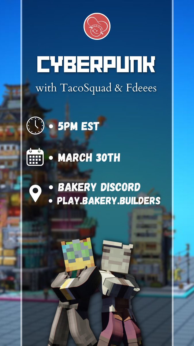 Bakery class! If you have ever been interested in expanding your creative style in #Minecraft than this is the opportunity for you. This Saturday March 30th on the bakery server you can join @TacoSquad11 and Fdees lead our newest bakery class.