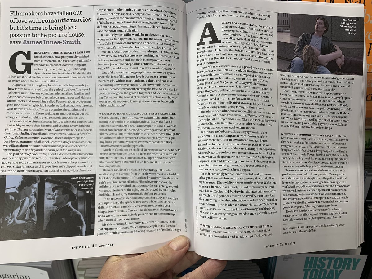 Why have we stopped making romantic movies? Read my latest in this month’s Critic magazine. @TheCriticMag #romanticmovies #romcom #romance #lovestories #briefencounter @emmafreud #oneday @barbiemovie