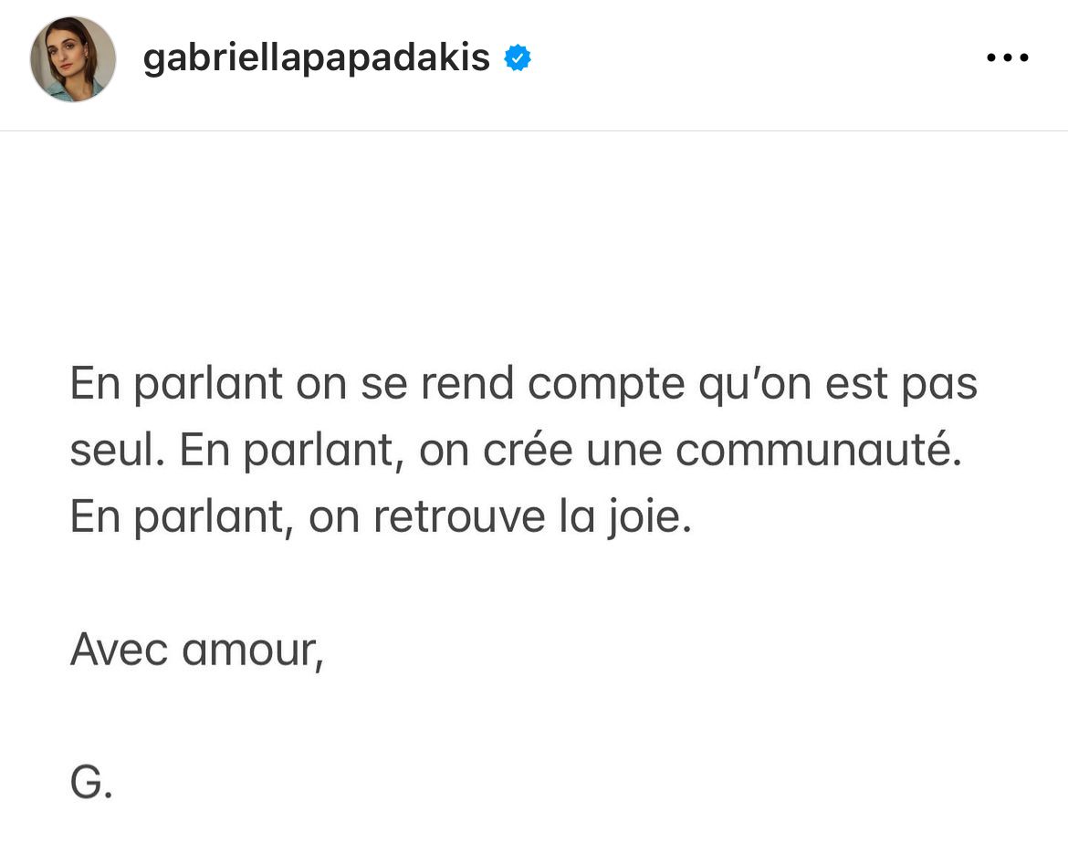Translation of @GabriellaPks ' post on instagram: I’ve shared some thoughts on the skating in an interview published by France Info a few days ago. I talk about the climate in which we grow up as a woman. I'm talking about objectification, SGBV, and mental health. (continues)