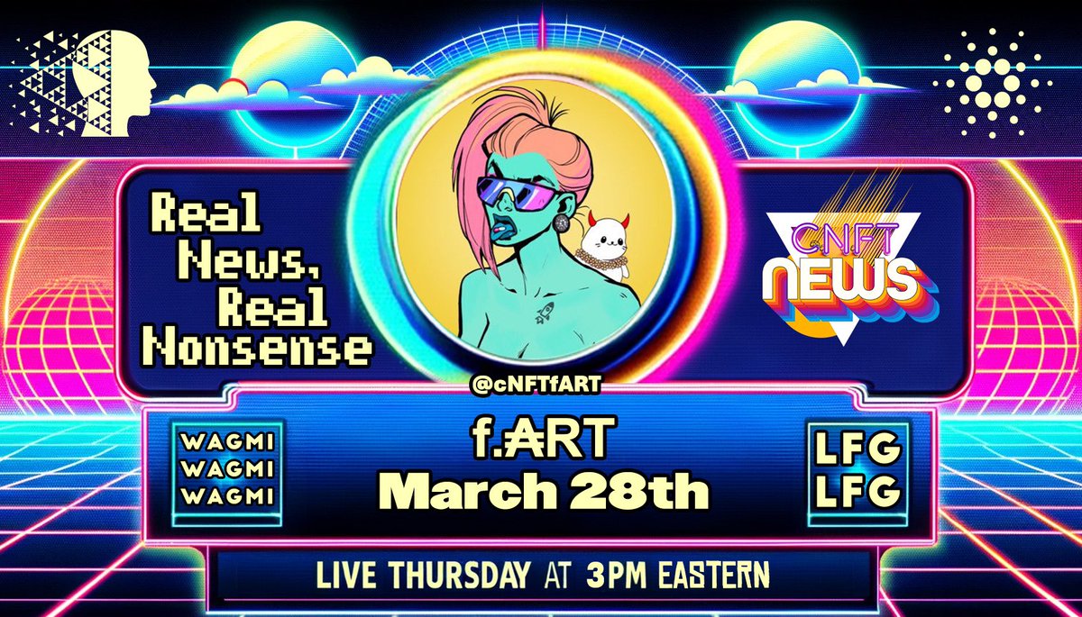 In just over 30 mins the news will go LIVE for the first time with @cNFTfART to discuss her and her art! Come help us welcome her in chat and see if you can guess her two truths and a lie… mwhahah #CardanoGirls Rule! ✨💖 At 3pm eastern go HERE ⬇️ youtube.com/cnftnews