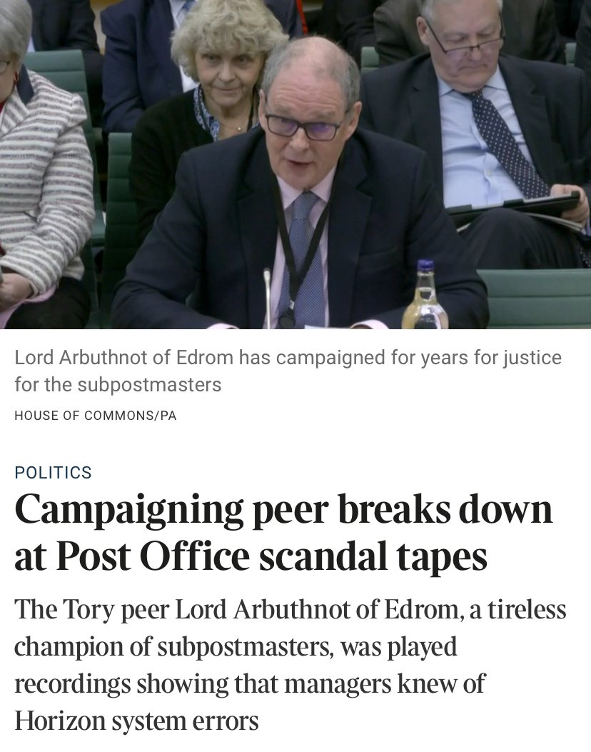 #PostOfficeScandal In @thetimes by @TomWitherow & @conky_k Campaigning Peer Lord Arbuthnot of Edrom breaks down after hearing the secret tapes on @Channel4News last night. The exclusive by @alextomo & @NanettevdLaan showed there has been a conspiracy to pevert the course of