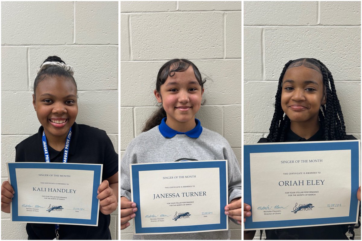 Congratulations to our Singers of the Month for the month of March!

Kali Handley - 6th Grade
Janessa Turner - 7th Grade
Oriah Eley - 8th Grade

#RoarJagsRoar #SingJagsSing #YourVoiceMatters