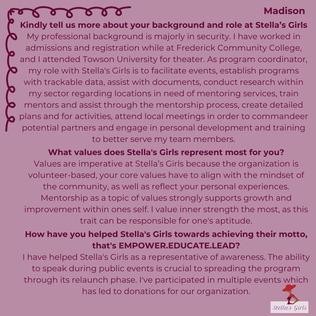 ❤️💜#MeetTheTeam #EmpowerYouth #CommunityLeaders #MentorshipMatters Meet Madison! 🚀✨Our multi-talented Mentor Program Coordinator! Madison's role is all about facilitating events, establishing impactful programs, and training mentors to empower our community!