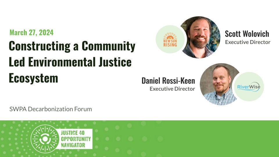 RiverWise &amp; <a href="/newsunrisingpgh/">New Sun Rising</a> have been working together to build a community led environmental justice ecosystem called the Justice 40 Opportunity Navigator. Yesterday, our Executive Directors presented this work at the SW PA Decarbonization Forum. More at tinyurl.com/bdcmnpaa