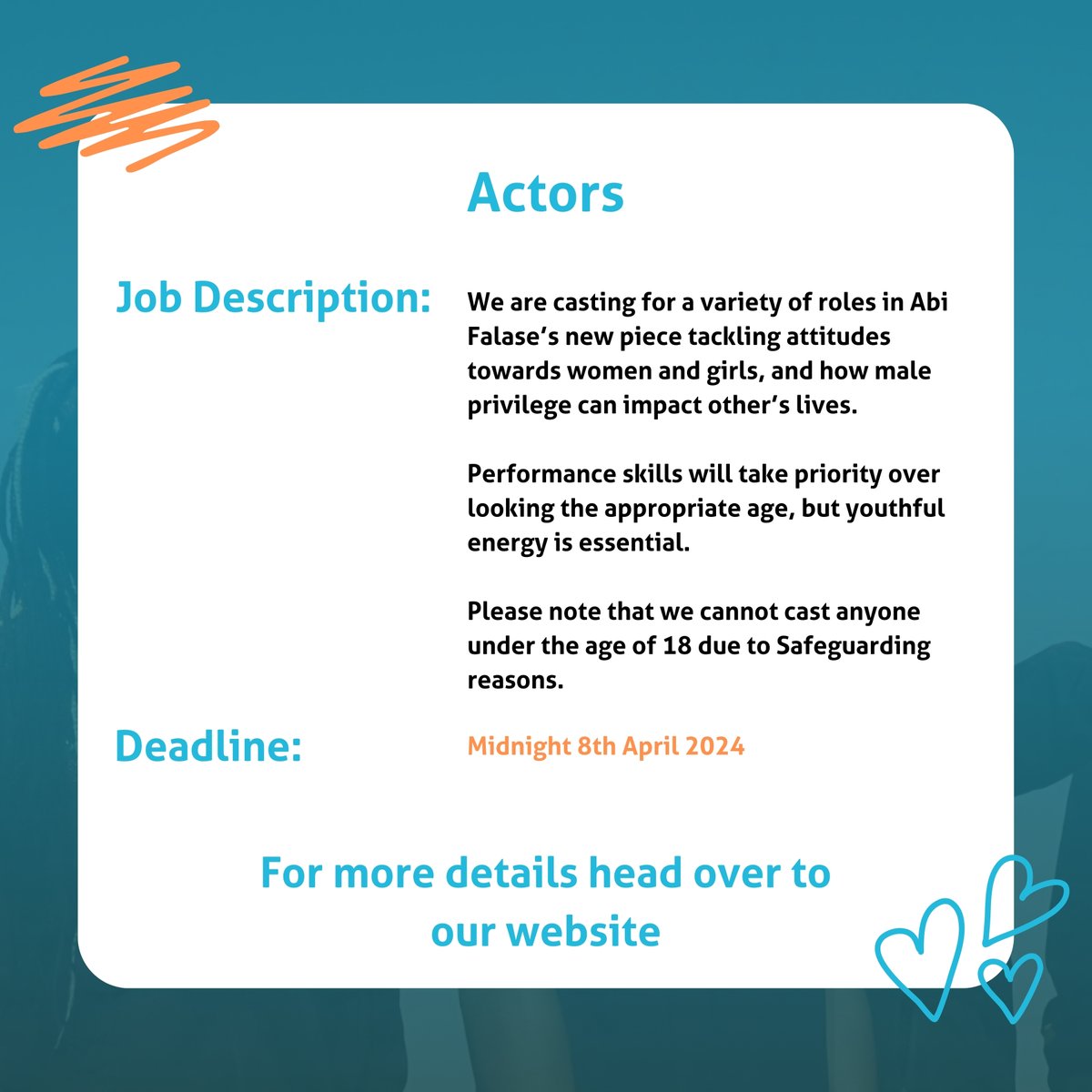 We are casting for a variety of roles in Abi Falase’s new piece tackling attitudes towards #women and #girls, and how male #privilege can impact other’s lives. Follow the link to find out more ow.ly/n5fq50R4jEX #job #immediatetheatre #acting #play #jobopportunity