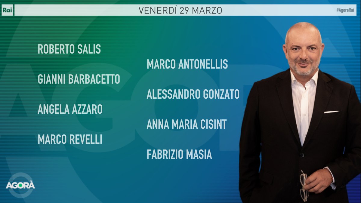 Ecco gli ospiti di Roberto Inciocchi di venerdì 29 marzo ad #AgoraRai. Vi aspettiamo dalle 8.00 alle 09:45 su #Rai3 e #RaiPlay.