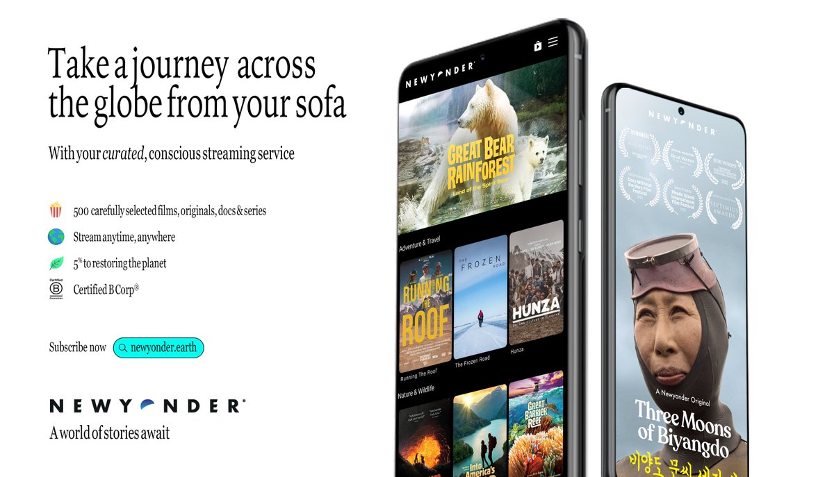 Take a journey across the globe from your sofa, With @Newyonder, your curated, conscious streaming service 🍿 500 carefully selected films, originals, docs & series 🌎 Stream anytime, anywhere 🌿 5% to restoring the planet ♻️ Certified @BCorpUK newyonder.earth/signup