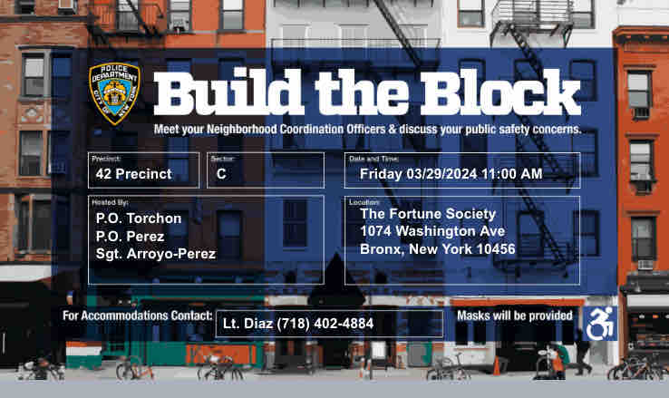 Join the 42nd precinct sector c neighborhood coordination officers build the block ! Tomorrow Friday March 29, 2024 at 11:00am See details below for information ⬇️