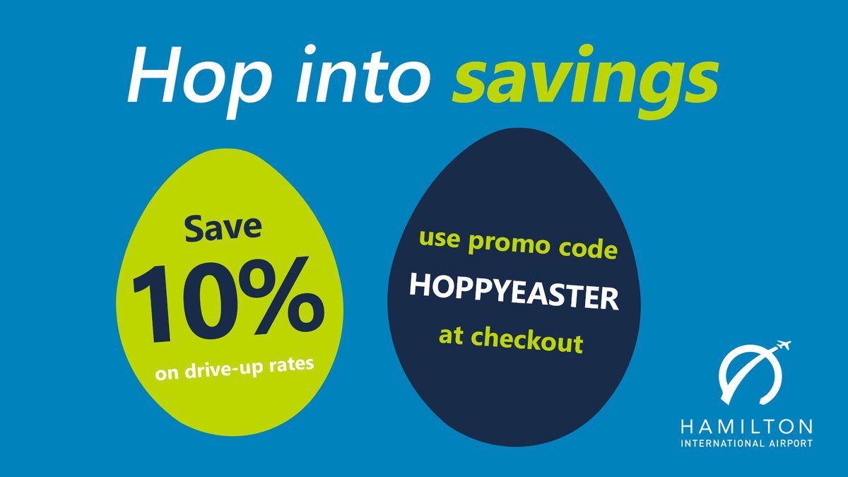 The Easter Bunny came early this year with a special treat! Pre-book your parking spot & use promo code HOPPYEASTER to save. 🐰 Offer valid on parking reservations now through April 17, 2024. Promo code expires on April 3, 2024. Reserve your spot at parking.flyhamilton.ca. 🚘